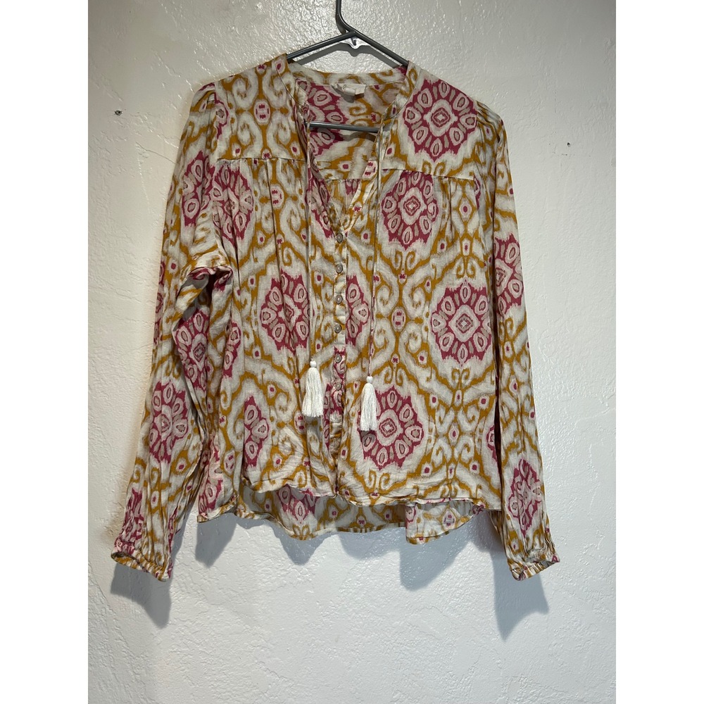 Elan Women Pink Mustard Ikat Print Tassel Tie Button Front Boho Blouse Medium